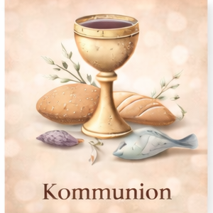 Symbol für die Kommunion: Kelch mit Kreuz und Tauben, goldene Akzente.