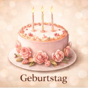 Geburtstagskuchen mit Kerze und der Aufschrift "Geburtstag" darunter.
