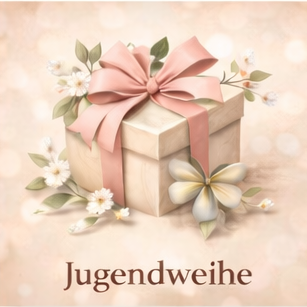Logo für Jugendweihe mit einem stilisierten Schmetterling und dekorativen Elementen.