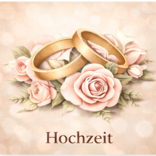 Symbol für Heiratsantrag mit Ringen, Herz und Vogel, umgeben von einem sanften Hintergrund.